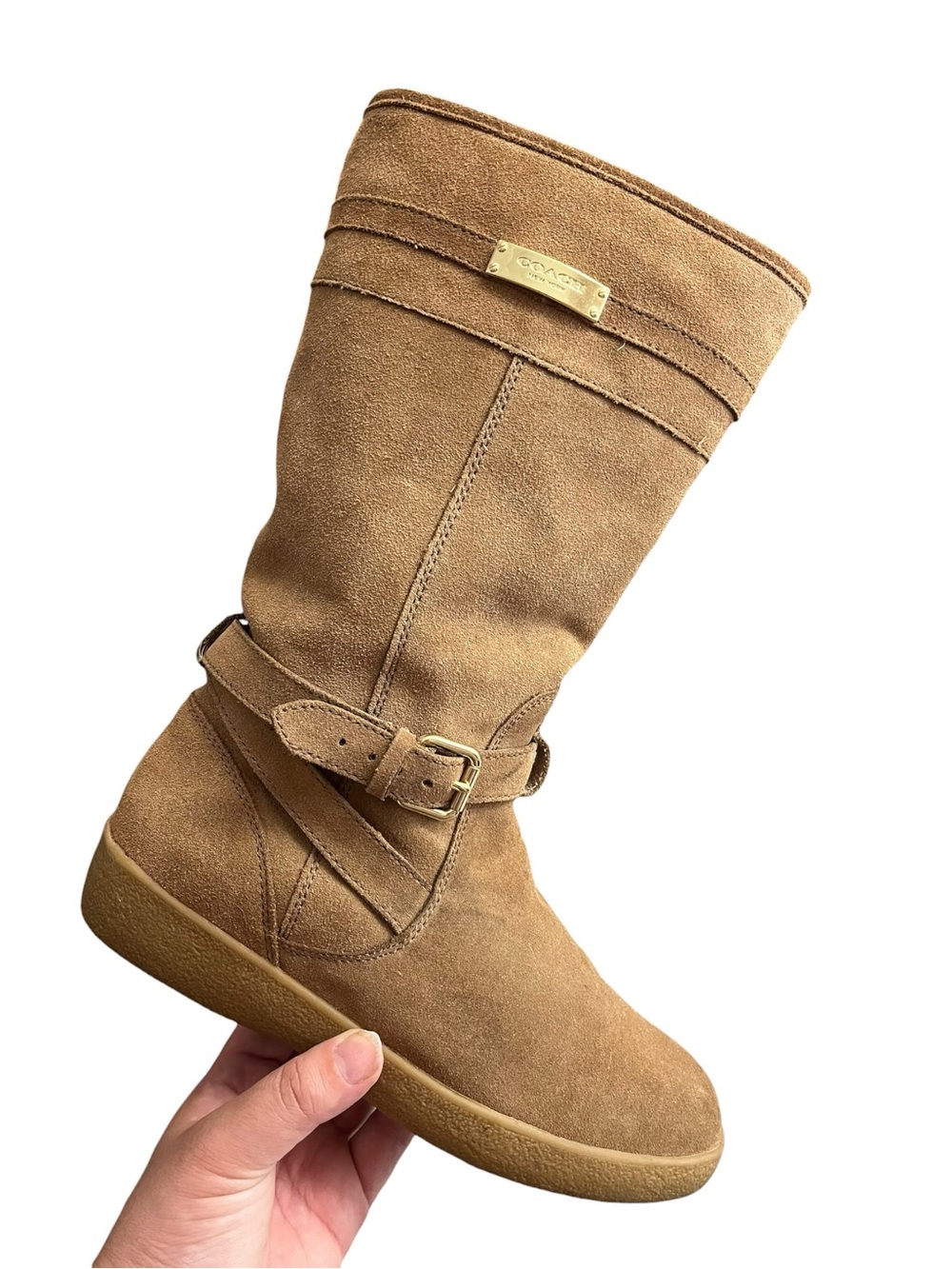 Coach Tallulah Boots Women’s 7 B Brown Suede Shearling Mid Calf Buckle Gold Logo